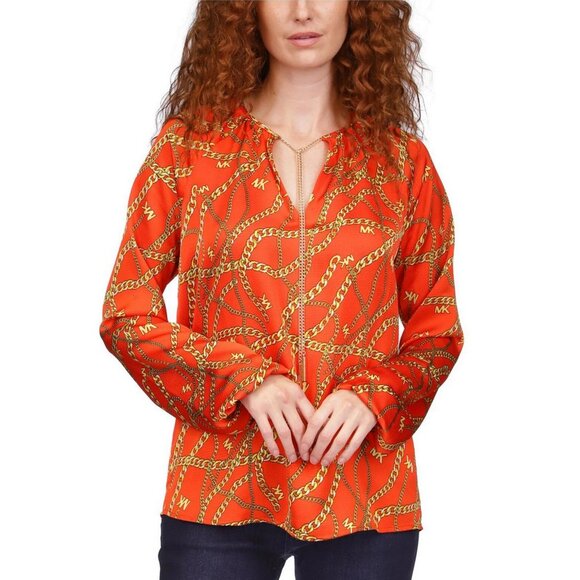 MICHAEL Michael Kors Logo Orange Chain Print Casual Long Sleeve Top XS - Picture 1 of 6